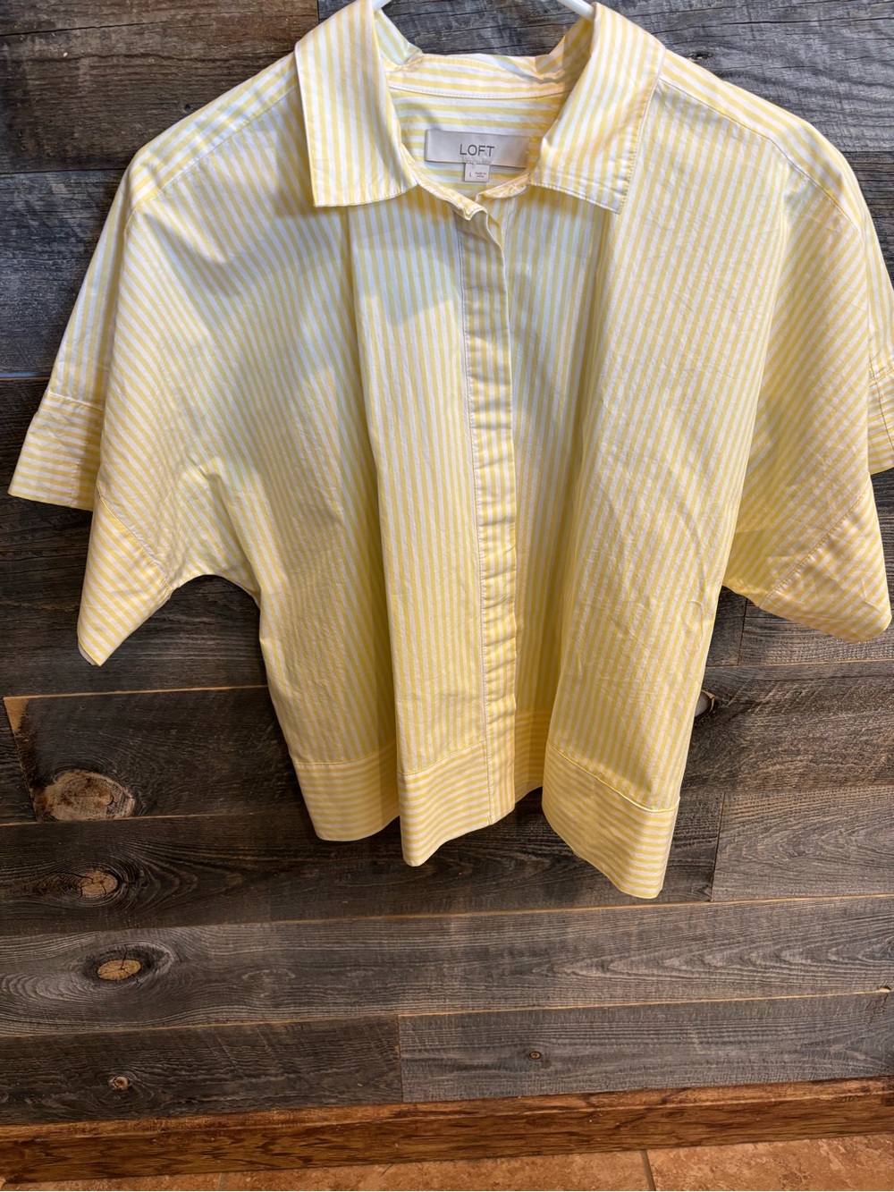 LOFT Yellow & White Striped Short-Sleeve Button Down Shirt